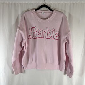 Barbie Sweater Women's Medium Pink Pullover Crew neck Fleece Lined Long Sleeve